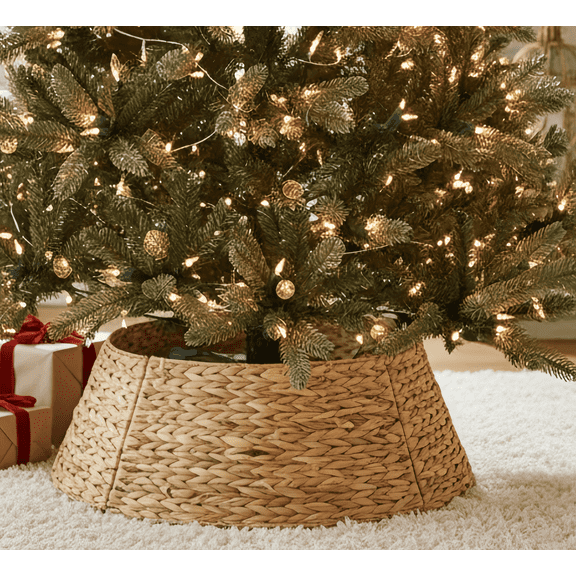 36 Inch Water Hyacinth Christmas Tree Collar with Cord Cut-Out, Handwoven Basket-Style Skirt for 9–12ft Trees, Natural