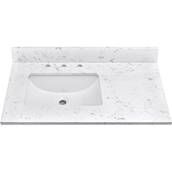36 Inch White Bathroom Vanity Top, Engineered Stone Countertop with Left Sink, Widespread Faucet Hole Spread with Backsplash Bathroom Vanity Sink Top