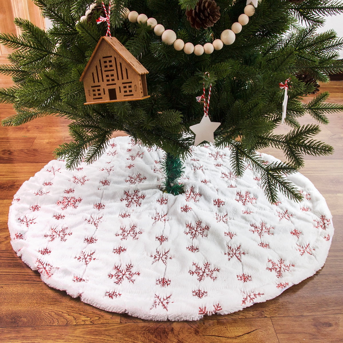 36 Inch White Christmas Tree Skirt with Red Snowflakes Sequin ...