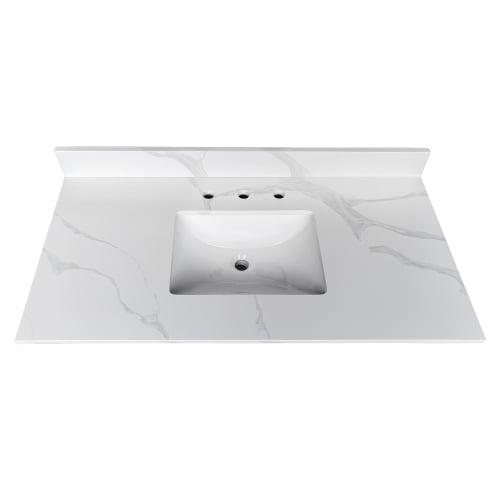 42 Inch White Quartz Bathroom Vanity Top, Bathroom Sink Top with Undermount Single Bowl Middle Sink, 4 Inch High Backsplash, 3 Pre-Drilled Faucet Holes Vanity Sink Top