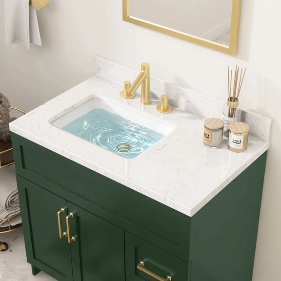 36 Inch White Vanity Top. Engineered Stone Bathroom Vanity Top with Rectangular Left Side Ceramic Sink, Three Faucet Holes with 4" Backsplash Bathroom Vanity Sink Top