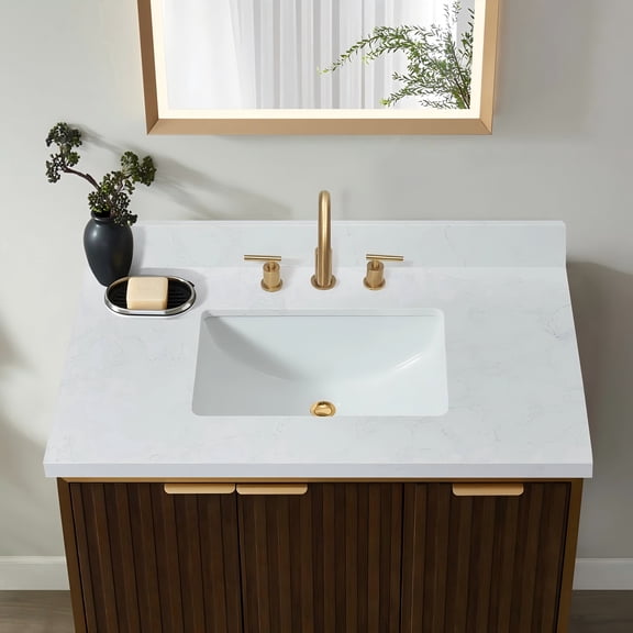 36 Inch White Vanity Top. Engineered Stone Bathroom Vanity Top with Rectangular Middle Ceramic Sink, Three Faucet Holes with 4" Backsplash Bathroom Vanity Sink Top