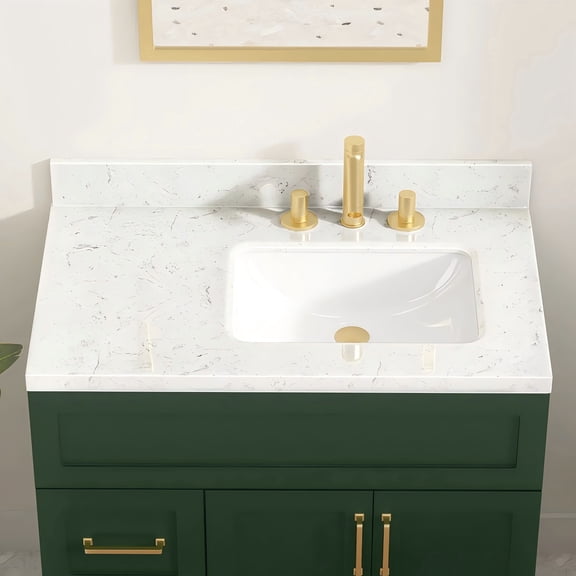 36 Inch White Vanity Top. Engineered Stone Bathroom Vanity Top with Rectangular Right Side Ceramic Sink, Three Faucet Holes with 4" Backsplash Bathroom Vanity Sink Top