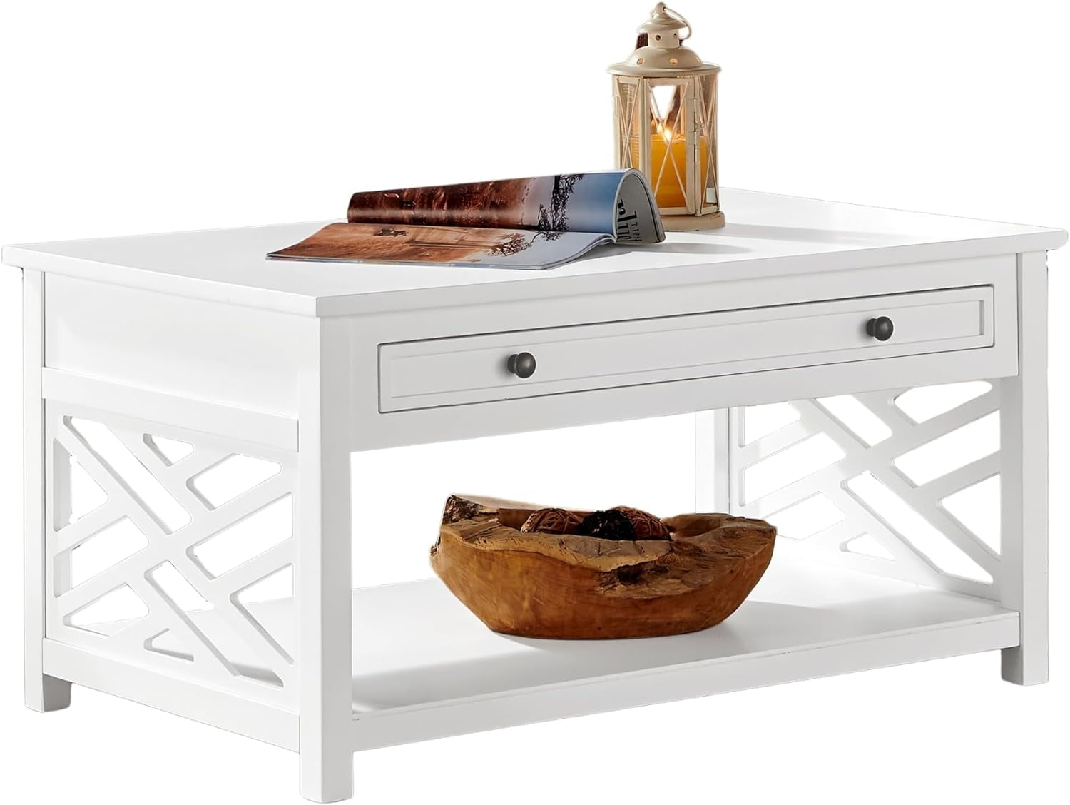 36-Inch White Wood Coffee Table with Drawer & Open Shelf – Modern ...