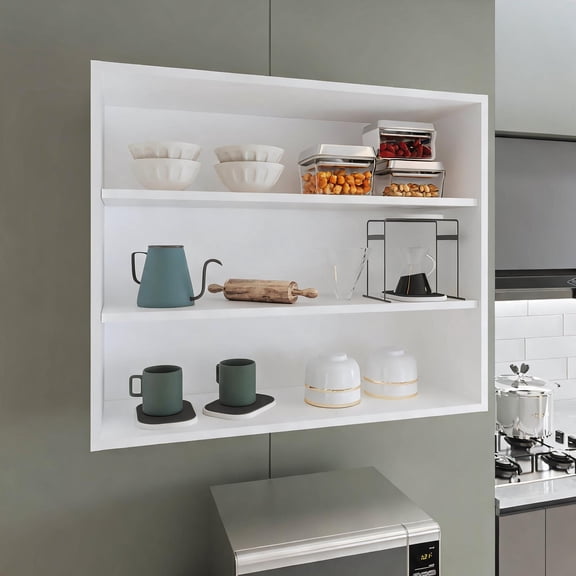 36 Inch Wide 30 Inch High Modern 3-Tier Open Wall Cabinet, Particle Board White-toned