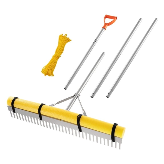 36 Inch Wide Head Heavy Duty Aluminum Landscape Rake with 133 Inch Handle for Loosening Soil Asphalt Leveling Garden Yard Pond Gravel Beach Lawn Care 52ft Rope