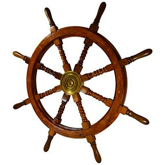 36 Inch Wooden Ship Wheel Wall Decoration with Brass Center Hub, Turned Spokes and Handles, Maritime Nautical Boat Helm Decor, Brown Wood - by SciencePurchase