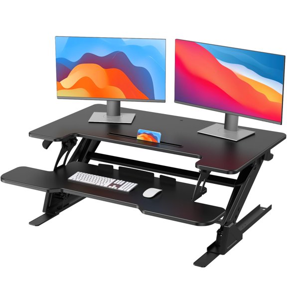 36 Inch Z-Design Standing Desk Converter With Dual Monitor Support And Adjustable Keyboard Tray