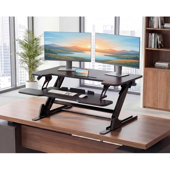 36 Inch Z Shaped Standing Desk Converter with Dual Monitor Support and Keyboard Tray for Home Office