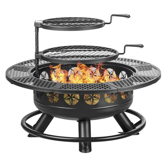 36 Inch with 2 Cooking Grills,Outdoor Wood Burning BBQ Firepit with Lid, 3-in-1 Outdoor for Backyard Deck Patio Picnic(Black)