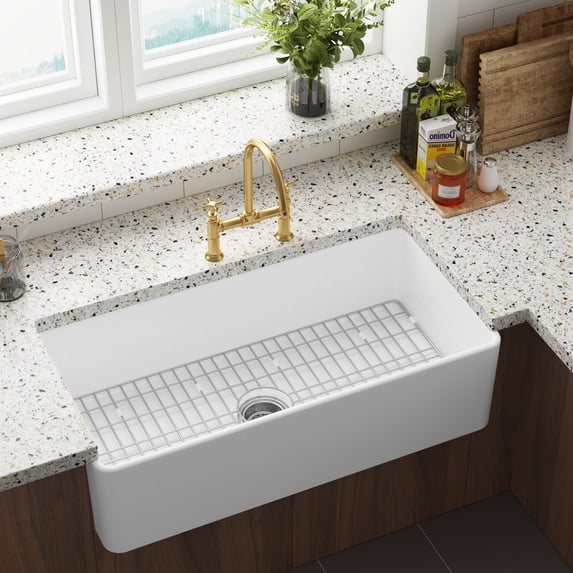 36 Inch x18 Inch White Farmhouse Sink, Fireclay Apron Front Single Bowl Kitchen Sink, Deep Drop In Farm Sink Undermount with Protective Bottom Grid and Sink Strainer