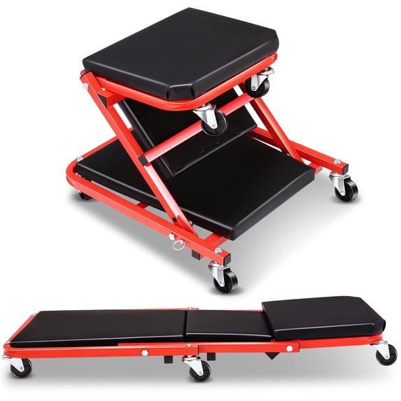 Z Folding Car Creeper 36-Inch 2-in-1 Rolling Mechanic Work Stool Seat, Red
