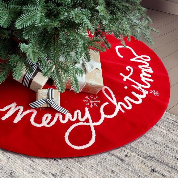 36 Inches Christmas Tree Skirt, Felt Xmas Tree Skirt with Embroidered Merry Christmas Patterns, Indoor Christmas Decorations, Red