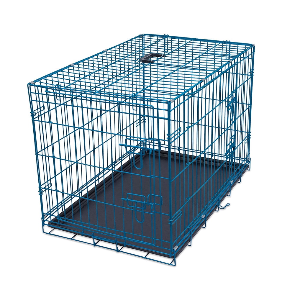 Large Blue Steel Double Door Pet Crate with Black Tray