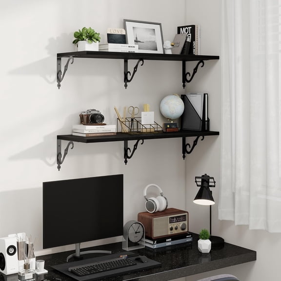 36 Inches Floating Shelves, Rustic Long Wall Shelves, 12 Inch Deep Book Shelf Wall Mounted with Bracket, Wide Display & Storage Shelves for Living Room, Bathroom, Bedroom, Black, Set of 2