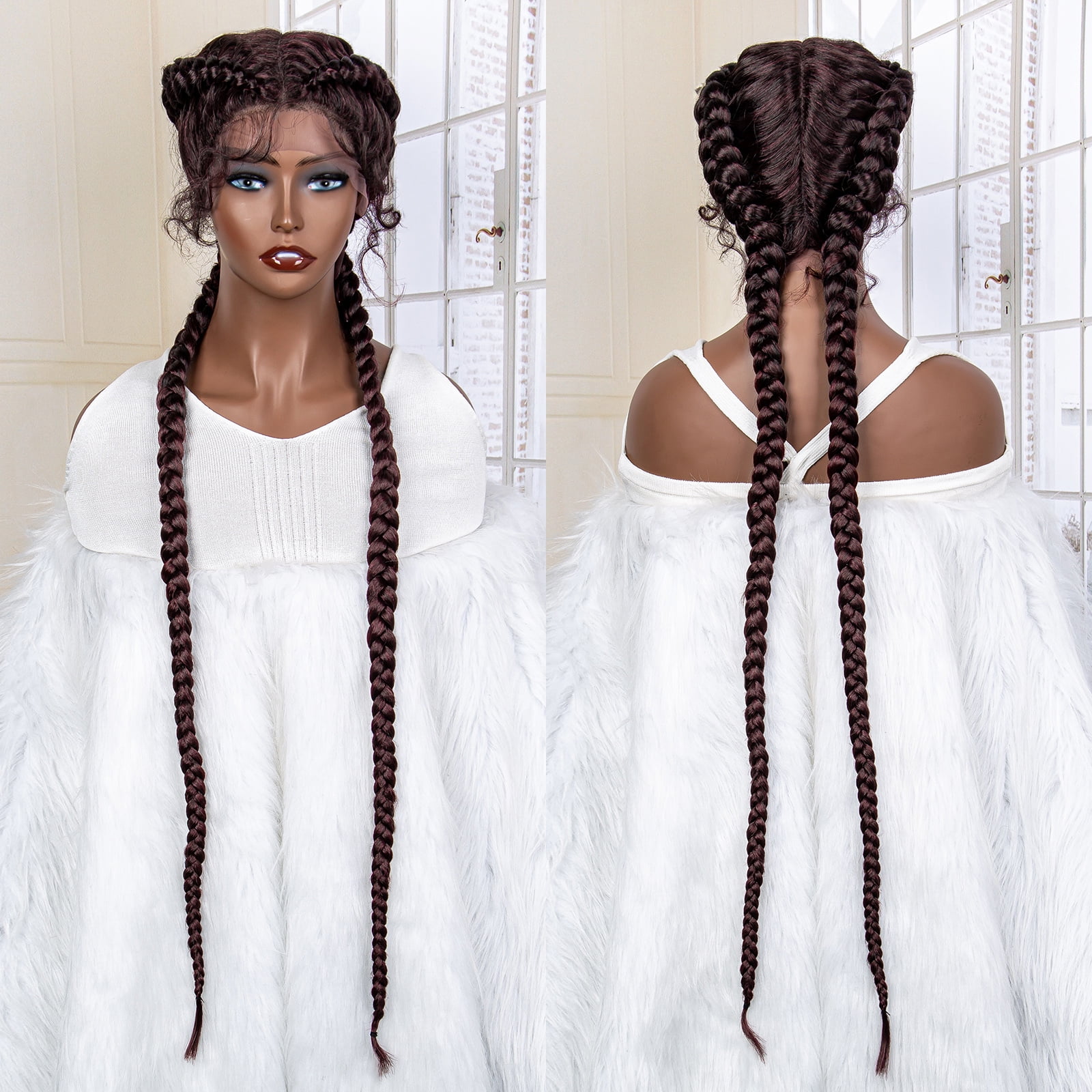 36 Inches Long Lace Front Synthetic Braided Wigs Lace Front Twins Cornrow Braided Wig for Black Women with Baby Hair Middle Part (1B/BUG Color)