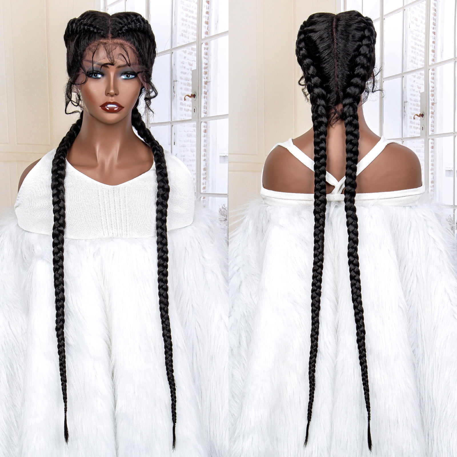 36 Inches Long Lace Front Synthetic Braided Wigs Lace Front Twins Cornrow Braided Wig for Black Women with Baby Hair Middle Part (1B Color)
