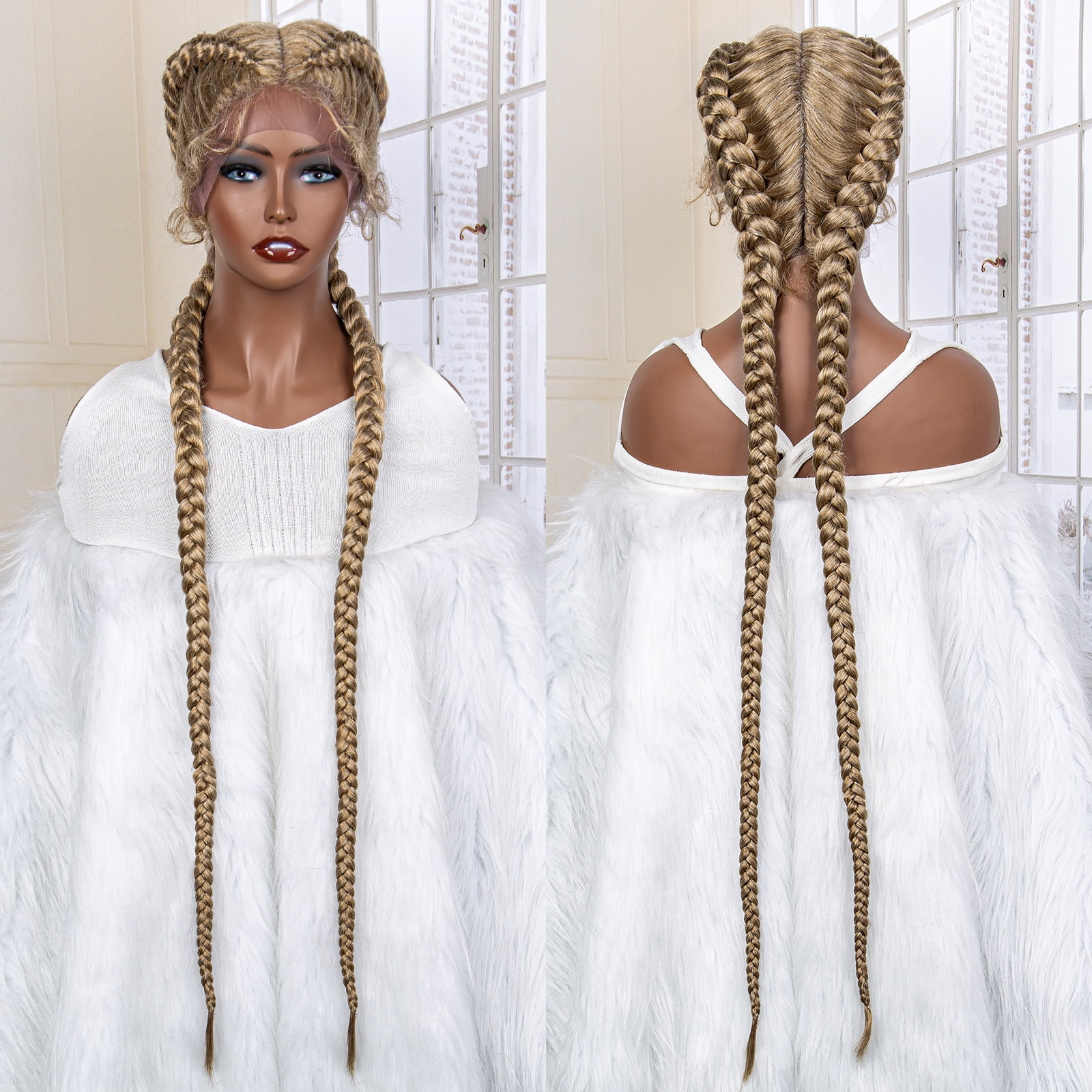 36 Inches Long Lace Front Synthetic Braided Wigs Lace Front Twins Cornrow Braided Wig for Black Women with Baby Hair Middle Part (27/613 Color)