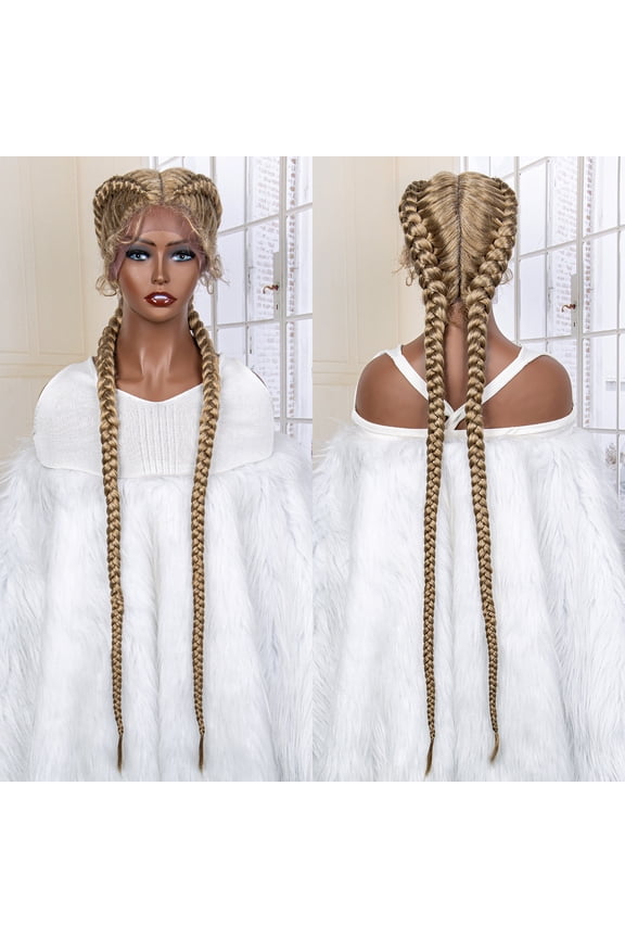 36 Inches Long Lace Front Synthetic Braided Wigs Lace Front Twins Cornrow Braided Wig for Black Women with Baby Hair Middle Part (27/613 Color)