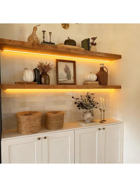 36 Inches Long Walnut Floating Shelves with Led Light | Rustic Solid Wood Farmhouse Wall Shelves with Invisible Brackets for Bedroom, Living Room, Kitchen, Bathroom Set of 2
