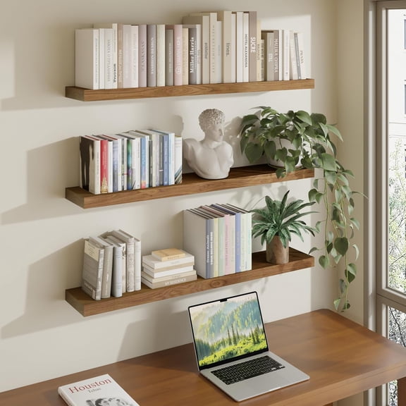 36 Inches Long Walnut Floating Shelves,Rustic Solid Wood Farmhouse Wall Shelves with Invisible Brackets for Bathroom, Living Room, Bedroom, Kitchen Set of 3