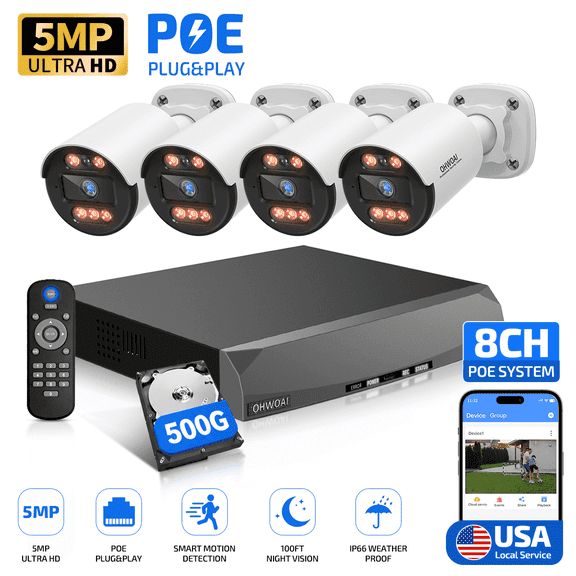 OHWOAI 5MP PoE Security Camera System Outdoor, AI Detection, 4CH NVR with 500GB HDD