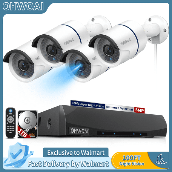 36 Infrared LED 100ft Super Night VisionOHWOAI 5.0MP Outdoor POE Wired Security Camera System with NVR.