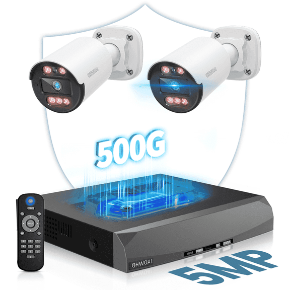 OHWOAI 5MP PoE Security Camera System, AI Detection, 2CH NVR with 500G HDD