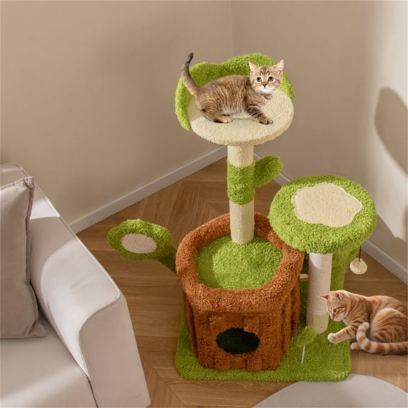 36" Jungle Theme Cat Tree Washable Peach Skin Cover, Sisal Scratching Post & Board Interactive Toys Multi-Level Cat Tower (Green+Brown) for Indoor Cats