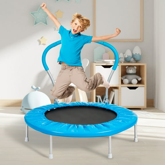 36" Kids Trampoline with Handlebar, 220LBS Weight Capacity, Recreational Toddler Trampolines with Metal Springs and Stable Six Legs, Easy Assembly, Round Trampoline for Kids Indoor Outdoor, Blue
