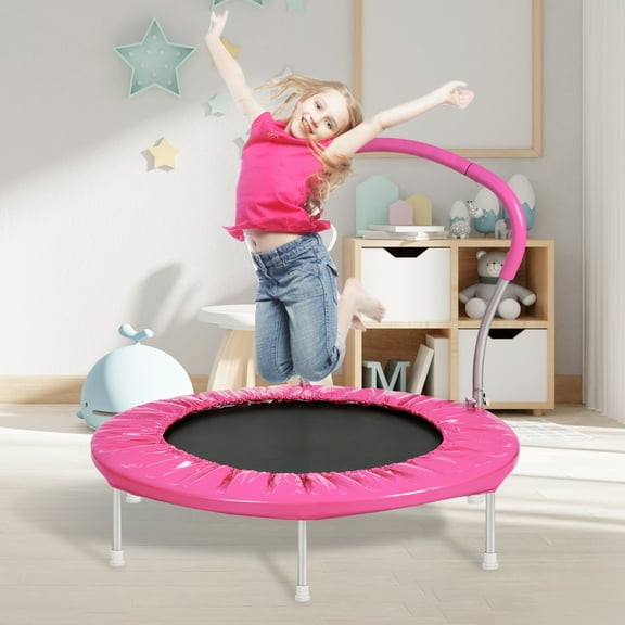36" Kids Trampoline with Handlebar, 220LBS Weight Capacity, Recreational Toddler Trampolines with Metal Springs and Stable Six Legs, Easy Assembly, Round Trampoline for Kids Indoor Outdoor, Pink