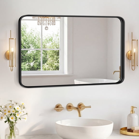 36"L x 24"W Black Metal Framed Rectangle Bathroom Vanity Mirror, Rounded Corners Wall Mount Horizontal/Vertical