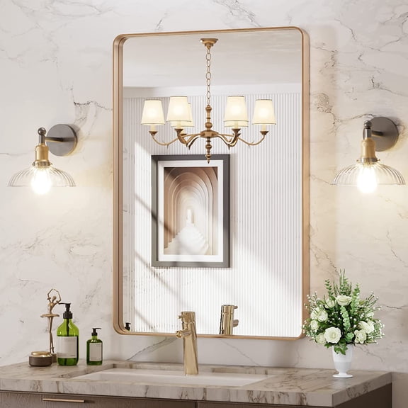 36"L x 24"W Rounded Rectangle Bathroom Mirror with Brushed Gold Aluminum Frame Wall-Mounted Anti-Rust