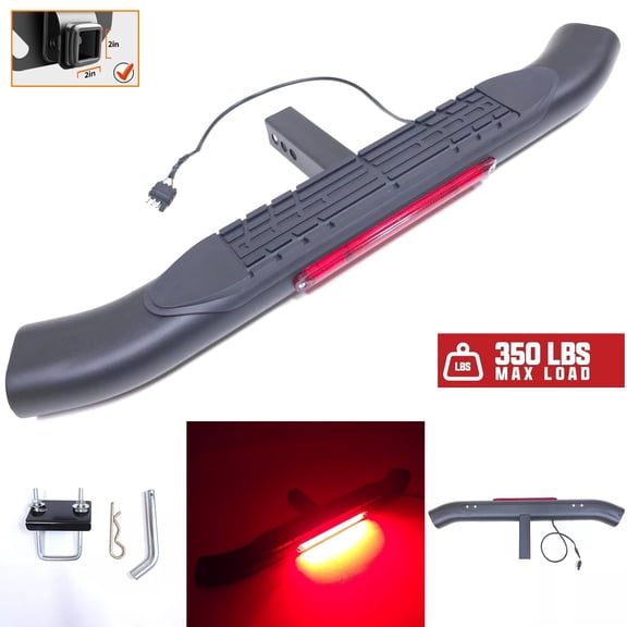 36" L x 3" H x 4" W Towing Hitch Step Bar 2" Receiver Oval Universal with Red LED Brake Stop Light Bar Rear Bumper Guard Truck RV Trailer Anti Slip Pad (Black)