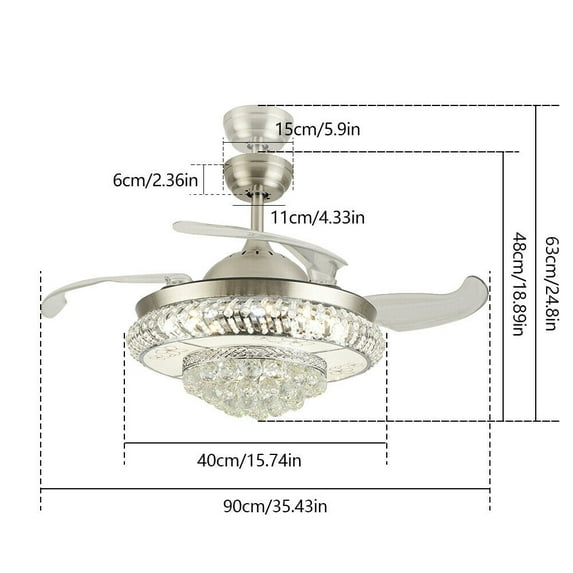 36" LED Invisible Ceiling Fan Lamp Crystal Chandelier 3-Speed W/ Timing Remote
