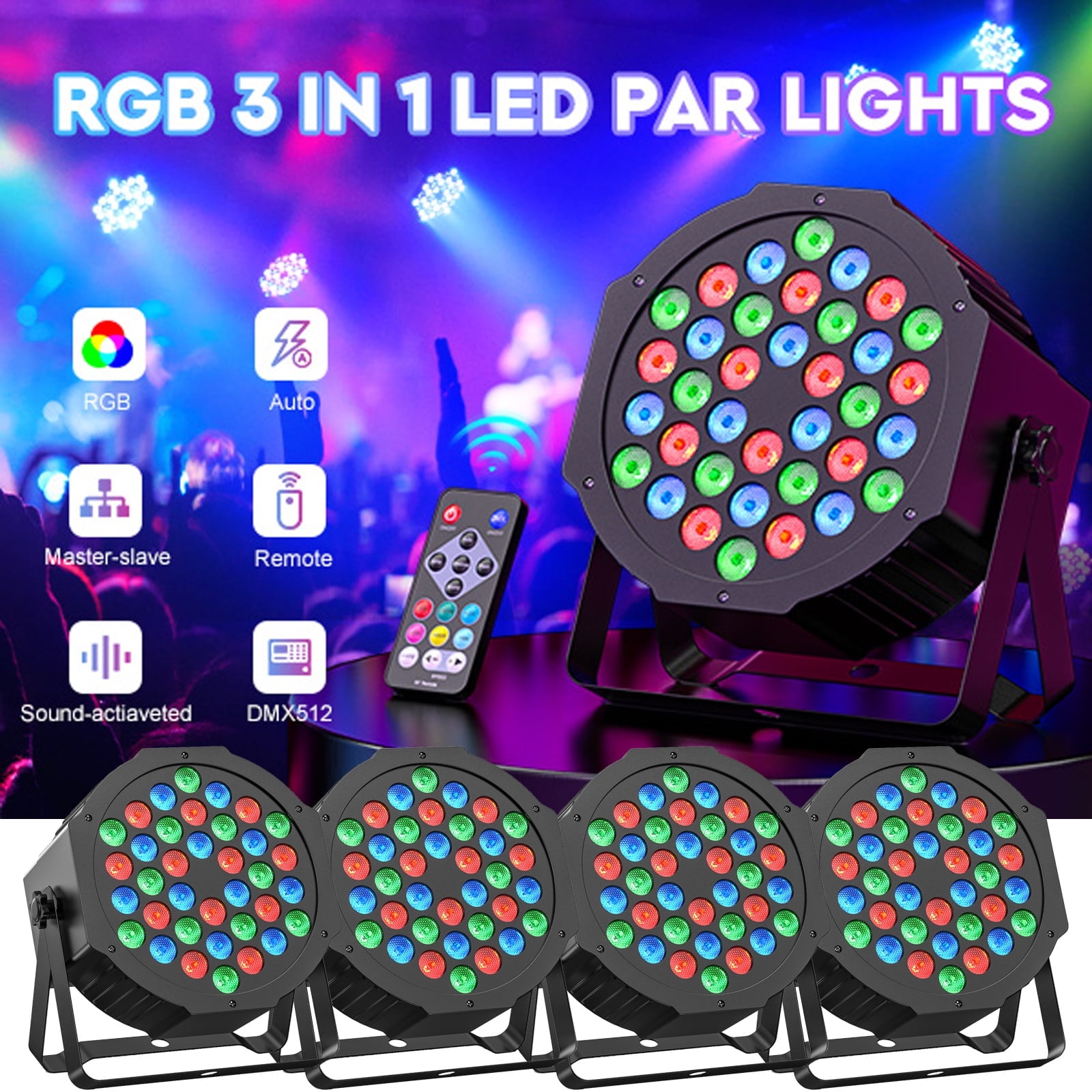 4-Pack Black Aluminum LED DJ Party Lights with Remote Control