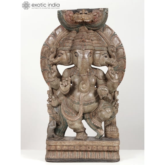 36" Large Dancing Trimukha Lord Ganesha Wooden Statue
