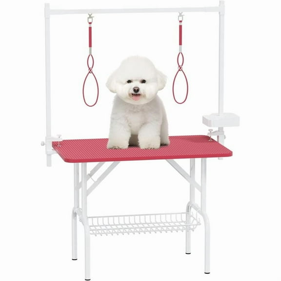 36'' Large Dog Grooming Table – Foldable Pet Station with Adjustable Arm, 2 Nooses & Mesh Tray – Non-Slip Pink Portable Grooming Table for Dogs & Cats, Heavy-Duty MDF + Metal