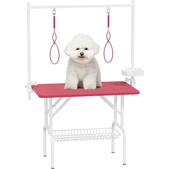 36''Large Dog Grooming Table, Foldable Pet Station at Home, Dog Grooming Table,Adjustable Cat Drying Desktop with Arms, Nooses, Mesh Tray (36Inch Pet Grooming Table Pink)