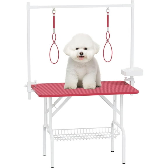 36''Large Dog Grooming Table, Foldable Pet Station at Home, Dog Grooming Table,Adjustable Cat Drying Desktop with Arms, Nooses, Mesh Tray (36Inch Pet Grooming Table Pink)
