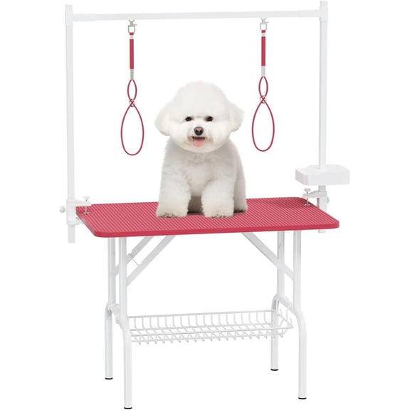 36''Large Dog Grooming Table, Foldable Pet Station at Home, Dog Grooming Table,Adjustable Cat Drying Desktop with Arms, Nooses, Mesh Tray (36Inch Pet Grooming Table Pink)