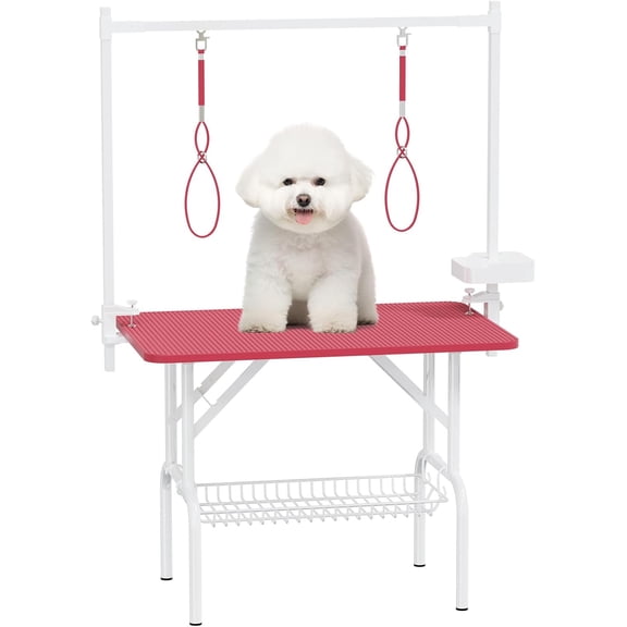 36" Large Dog Grooming Table - Foldable Pet Station for Home Use - Adjustable Pet Grooming Table for Small Dogs with Arms, Nooses, and Mesh Tray (Pink)