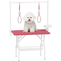 36" Large Dog Grooming Table - Foldable Pet Station for Home Use - Adjustable Pet Grooming Table for Small Dogs with Arms, Nooses, and Mesh Tray (Pink)
