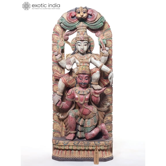 36" Large Lord Vishnu Seated on Garuda | Wood Carved Statue