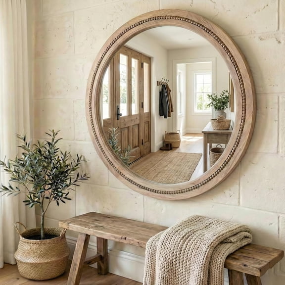 36" Large Round Wood Mirror for Living Room Fireplace, Big Solid Wood Wall Mirror - Oversized Boho Beaded Circle Mirror for Entryway Console & Dining Room
