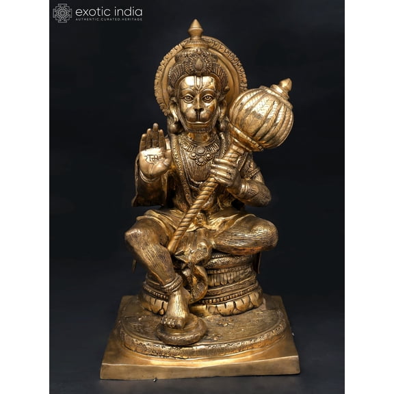 36" Large Sitting Lord Hanuman in Blessing Gesture | Brass Statue