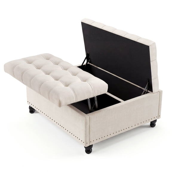 36" Large Square Storage Ottoman with Lift Top, 300 LBS Tufted Upholstered Ottoman Coffee Table Bench with Sturdy Wood Legs, Multi-Functional Footrest Storage Box for Living Room and Bedroom