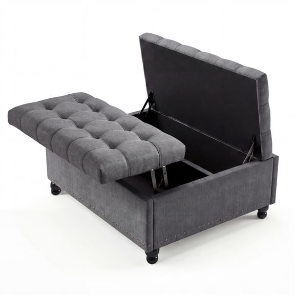 36" Large Square Storage Ottoman with Lift Top, 300 LBS Tufted Upholstered Ottoman Coffee Table Bench with Sturdy Wood Legs, Multi-Functional Footrest Storage Box for Living Room and Bedroom
