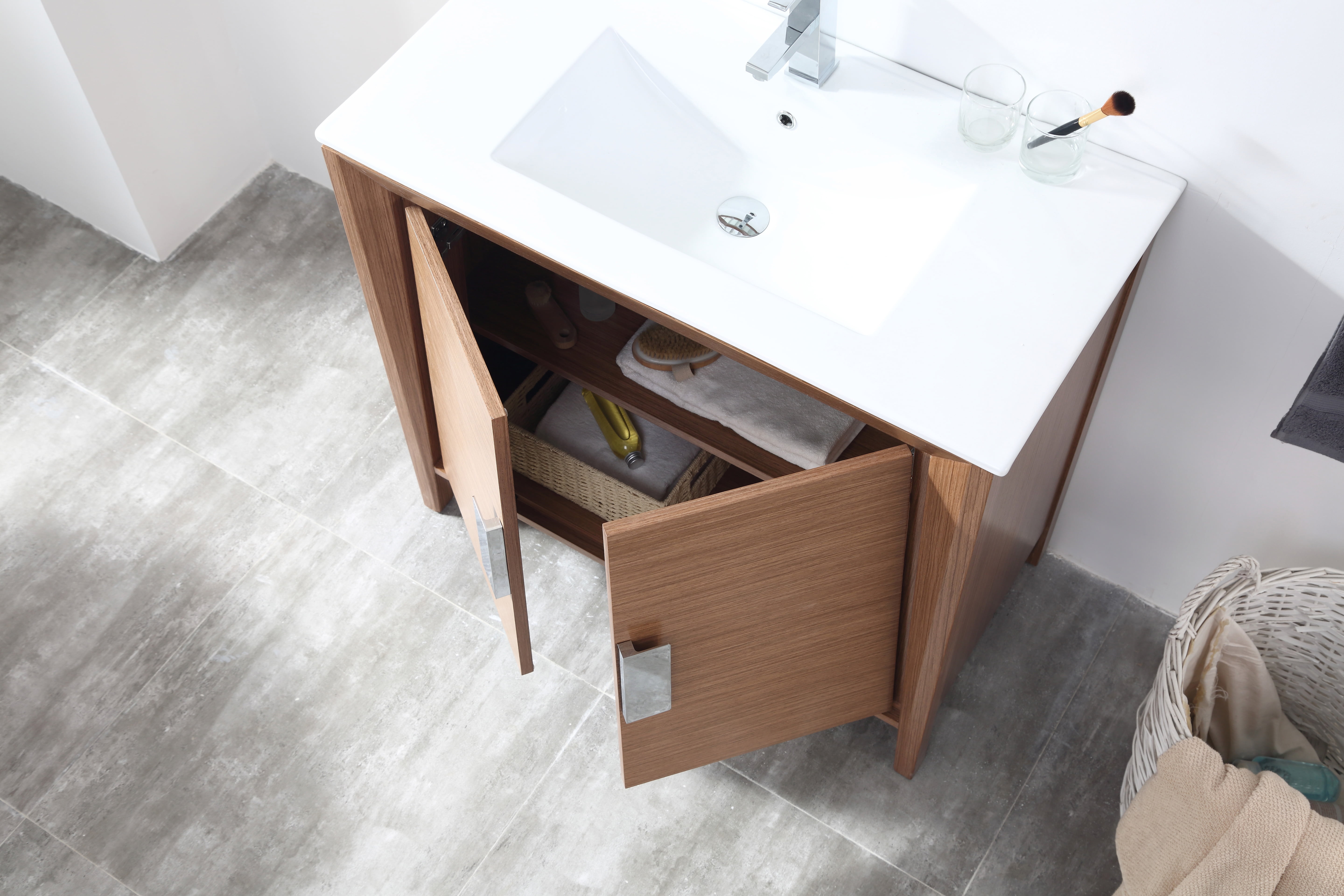 36" Wheat Wood Single Sink Vanity with White Ceramic Top