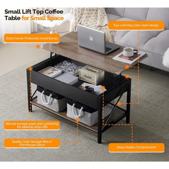 36" Lift Top Coffee Table with Free Cloth Storage Bins, Rustic Framhouse Grey Coffee Tables for Living Room, Small Modern Coffee Table for Small Space in Minimalistic Style, Gray